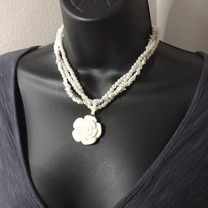 Layered Faux Pearl And Stone Bead Necklace With Plastic Flower Pendant